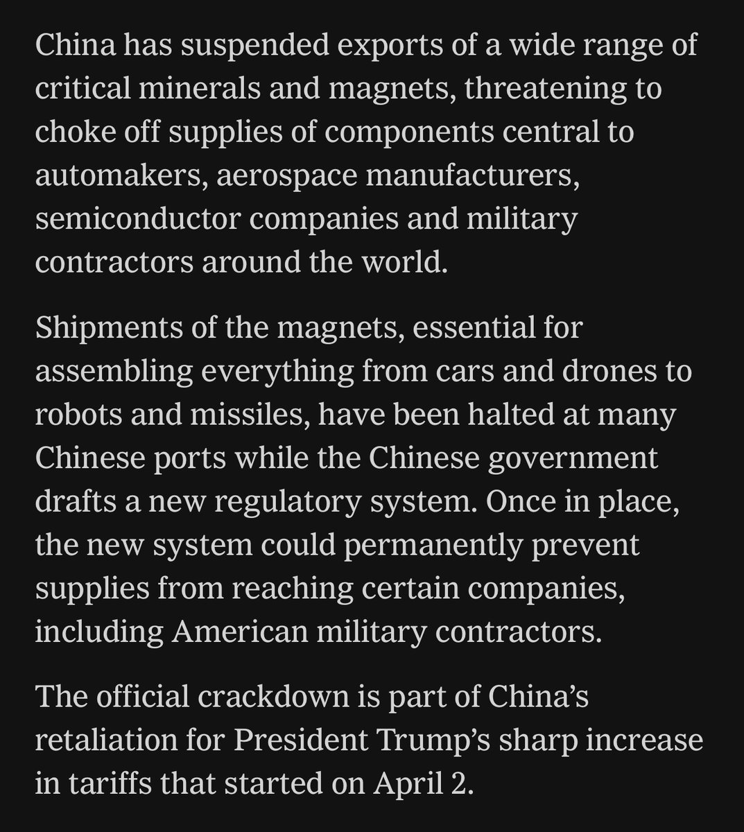 “Beijing has suspended exports of certain rare earth minerals and magnets that are crucial for the world’s car, semiconductor and aerospace industries.”

Art of the deal