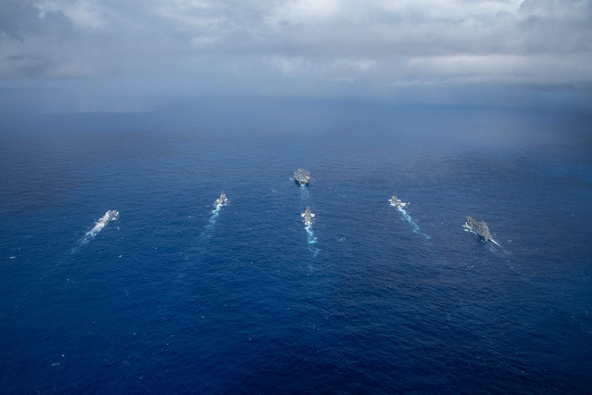 USPACOM's tweet photo. Steady as she goes ⚓

The Nimitz Carrier Strike Group sails in formation, showcasing unwavering commitment to a #FreeandOpenIndoPacific. This display of @USNavy strength reinforces warfighting readiness and promotes #PeacethroughStrength in the region. https://t.co/qByzoKLsi0