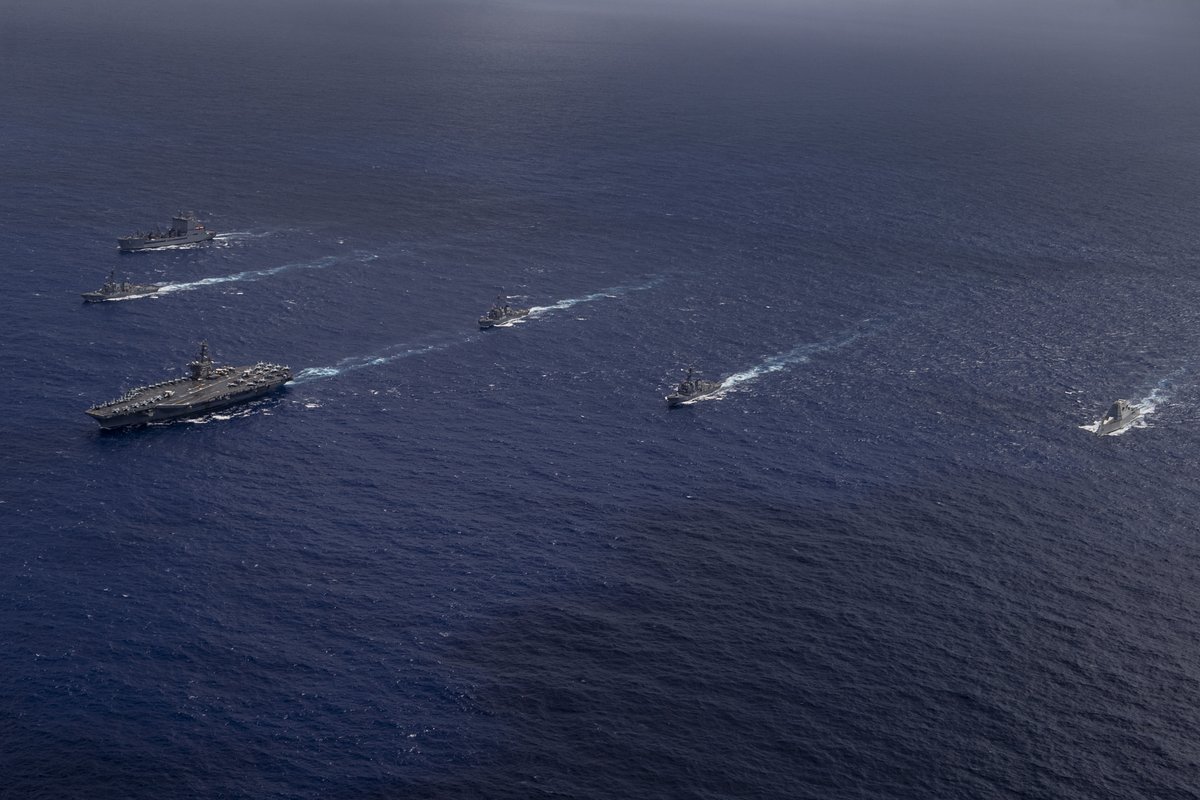 USPACOM's tweet photo. Steady as she goes ⚓

The Nimitz Carrier Strike Group sails in formation, showcasing unwavering commitment to a #FreeandOpenIndoPacific. This display of @USNavy strength reinforces warfighting readiness and promotes #PeacethroughStrength in the region. https://t.co/qByzoKLsi0