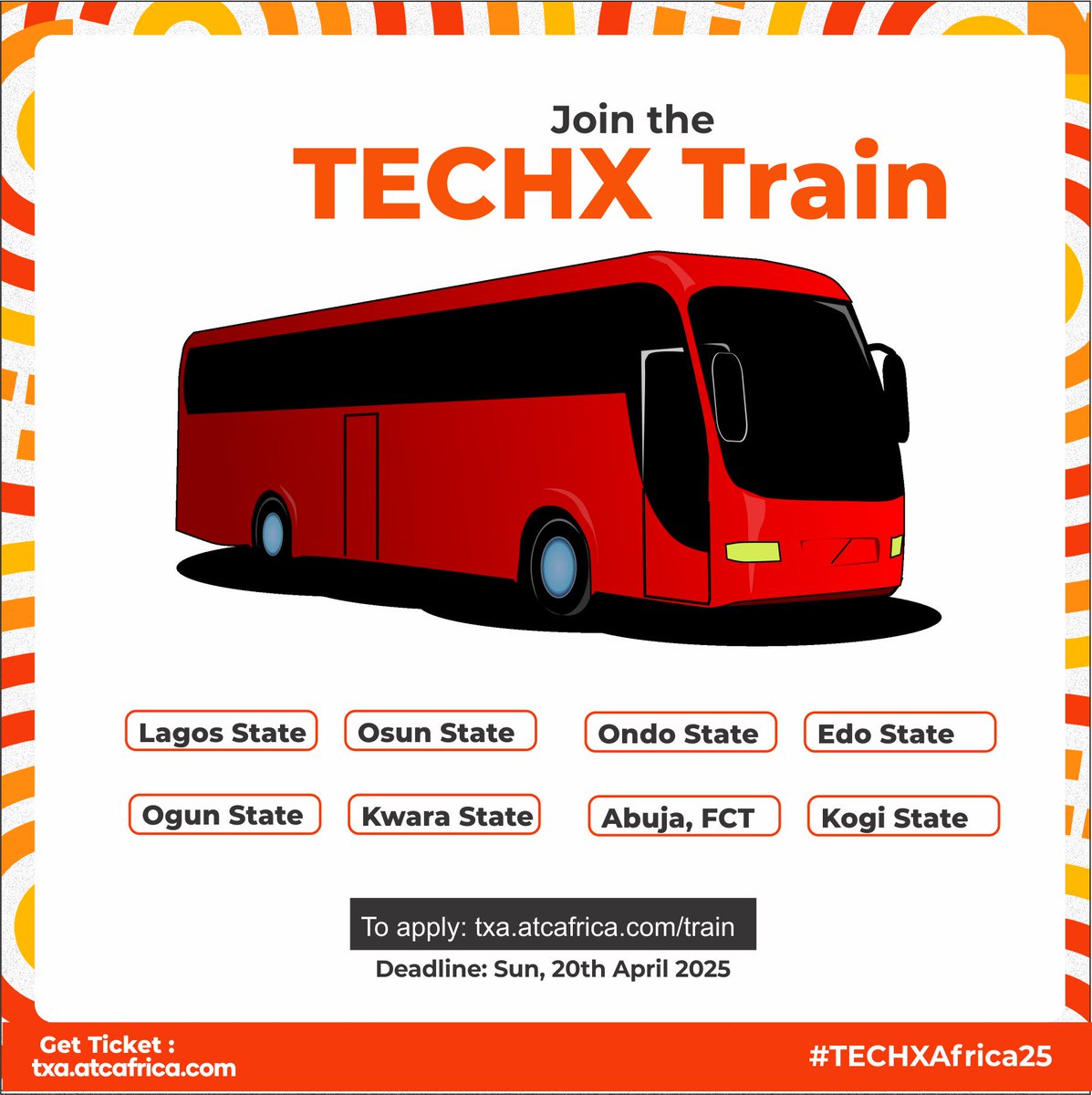 atcafricahq's tweet photo. Follow who road come TECHX Africa!🚎

Mark your calendars! TECH Africa Africa 2.0 hits in a Month!

If you are in any of this state and you will like to join the train to TECHX Africa Train to Ibadan, then this is your time!

Apply here : https://t.co/FTRji5dOc6
#TECHXAfrica https://t.co/CVlHKug0VI