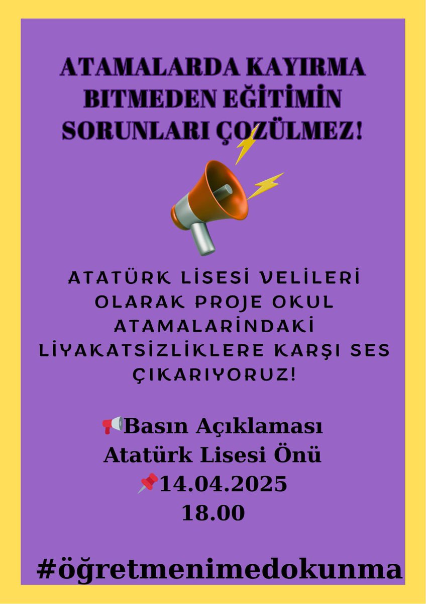 aslanogluchp's tweet photo. Mezunu olmaktan gurur duyduğum, İzmir’imizin köklü değeri İzmir Atatürk Lisesi’nde; liyakatsiz proje okul atamalarıyla, yıllardır öğrencileri için emek veren öğretmenlerimiz mağdur ediliyor!

Bu yanlıştan derhal dönülmeli, atamalarda şeffaflık ve liyakat esas alınmalıdır!

İzmir Atatürk Lisesi velileriyle birlikte biz de ses yükseltiyoruz:

📢 Basın Açıklaması
📍 İzmir Atatürk Lisesi önü
📅 14.04.2025 Pazartesi (yarın)
🕕 18.00

Bu haklı mücadelede herkesi bekliyoruz!