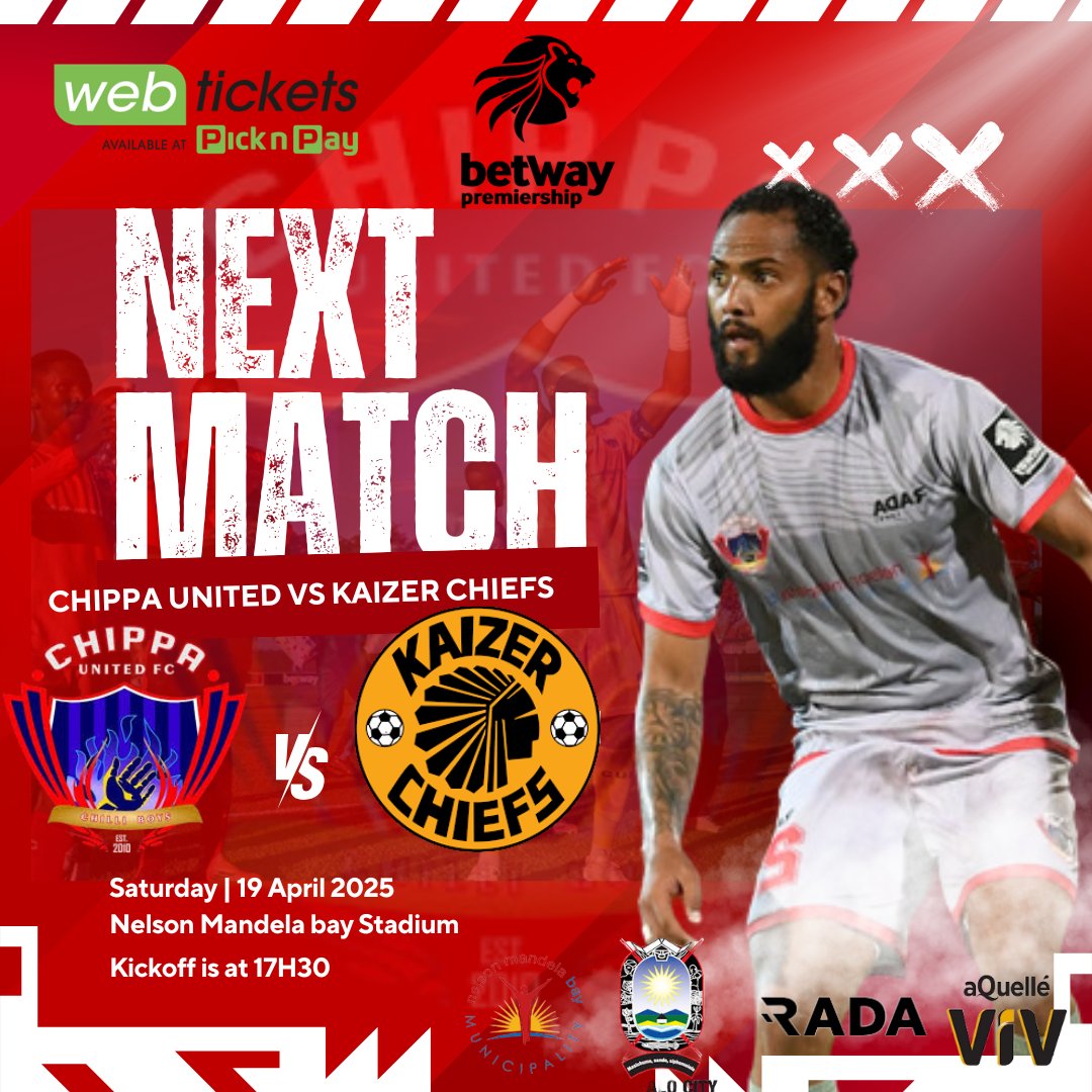 Chippa United FC (@chippaunitedfc) on Twitter photo How ready are you for Next week? 😍🌶️
🆚 @kcfcofficial
🏟️ @nmb_stadium
📆 19 April 2025
🕓 17H30
🎟️ <a href="/webtickets/">webtickets</a>
Don't forget to keep the flame alive as we'll ignite the fire 🔥🌶️😍
#ayeyechilliboysayeye 🔥🌶️😍
#ThePrideOfEasternCape How ready are you for Next week? 😍🌶️
🆚 @kcfcofficial
🏟️ @nmb_stadium
📆 19 April 2025
🕓 17H30
🎟️ <a href="/webtickets/">webtickets</a>
Don't forget to keep the flame alive as we'll ignite the fire 🔥🌶️😍
#ayeyechilliboysayeye 🔥🌶️😍
#ThePrideOfEasternCape
