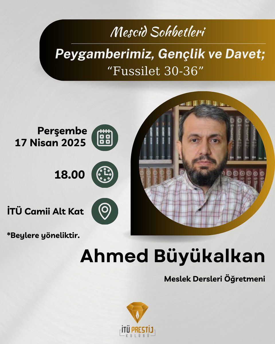 Selamunaleykum, “Peygamberimiz, Gençlik ve Davet” konulu Mescid Sohbetimizi Ahmed Büyükalkan hocamız ile birlikte perşembe günü saat 18.00’de İTÜ Camii’de gerçekleştireceğiz. Programımıza bekleriz 🙂

📅 17 Nisan Perşembe - 18.00

📍İTÜ Cami (Alt kat)