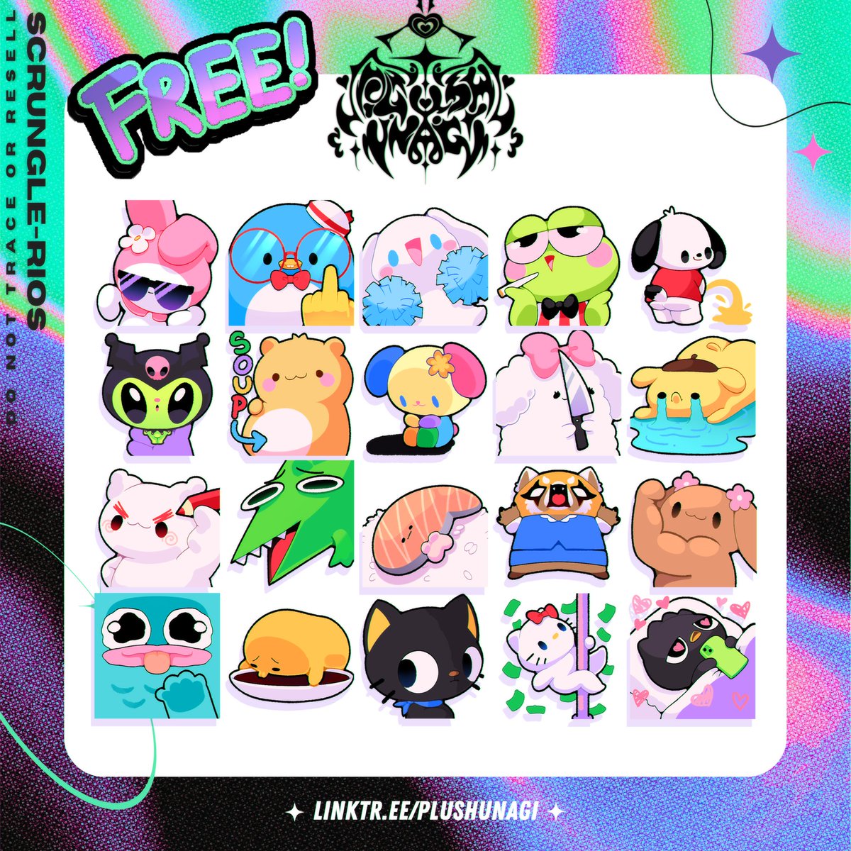 Plushunagi's tweet image. π FREE SCRUNGLE-RIOS EMOTES! β¨
A gift for you. I hope you all enjoy these cute and super cursed silly emotes! I hope they brighten your day!
Shares, emote attribution super appreciated. π¨πΈ
π Below to download