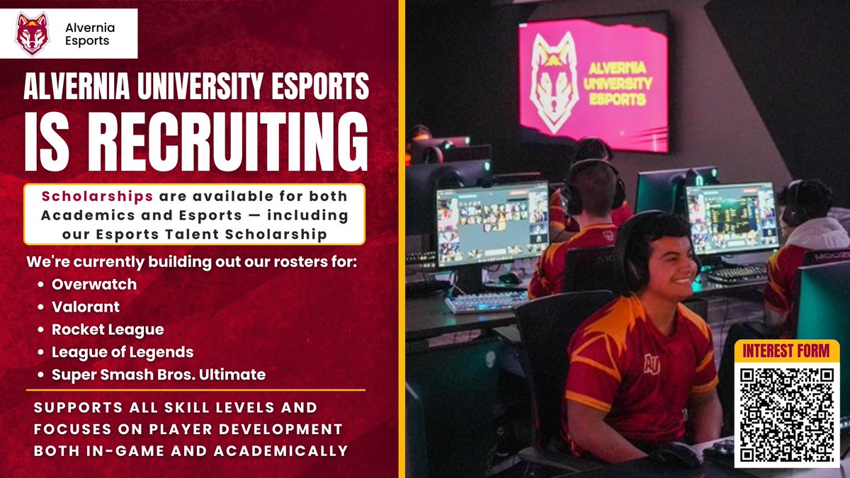 Alvernia University Esports is recruiting!  
- Based in Reading, PA.  
- Train and compete in our dedicated on-campus esports arena 
- Coaching staff 
- Fully funded program  

If you're interested, you can DM us directly or fill out our interest form in the QR code or below!