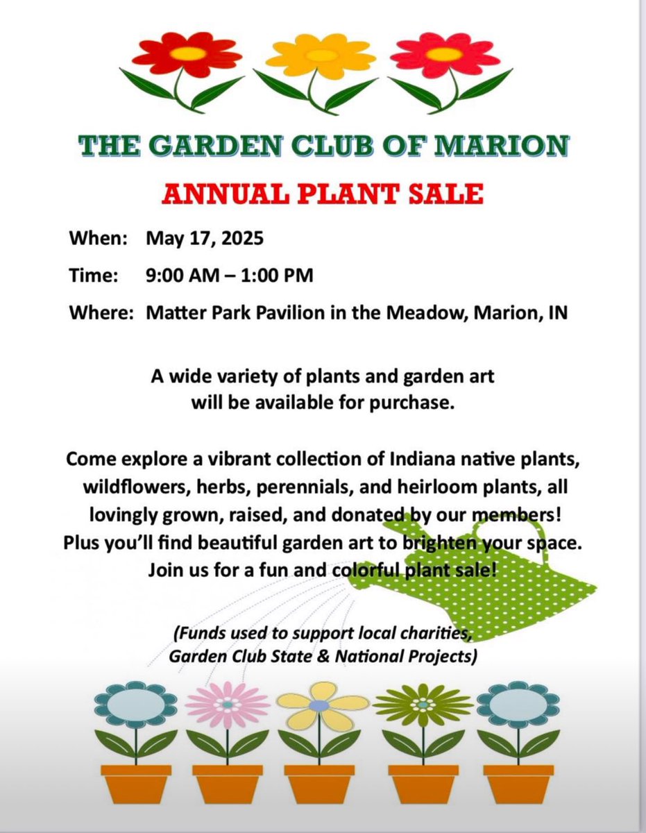 Plant lovers, mark your calendars!
The Garden Club of Marion Annual Plant Sale is May 17 from 9AM–1PM at Matter Park Pavilion in the Meadow.
Get there early—plants sell out fast!
Native plants, herbs, heirlooms &amp; garden art await!

SHARE this to spread the word!

#MarionIN