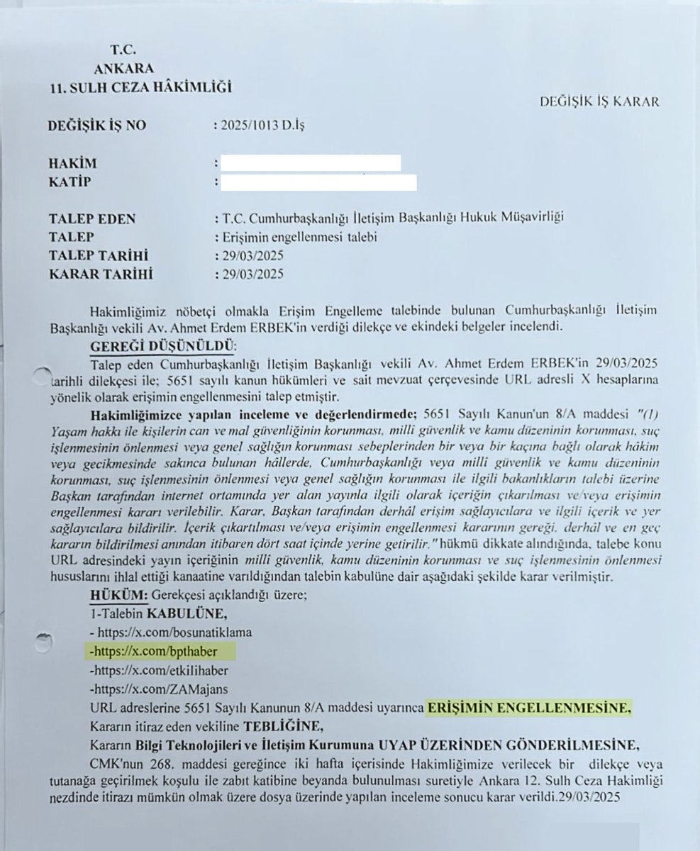 bpthaber's tweet photo. Bugün hesabımız hakkında erişim engeli kararı alındığını üzülerek öğrendik.

X yönetimi bu kararı henüz uygulamasa da mahkeme kararı tarafımıza iletildi.

Yıllardır her görüşe eşit mesafede durmaya özen gösteren bir ekip olarak, bu ilkeye bağlılığımızı bizleri yakından takip eden herkes bilir.

Tarafsız duruşumuz sayesinde milyonların güvenini kazandık; Dünya'nın en etkili sosyal medya hesapları arasında yer almamızın temelinde de bu güven yatmaktadır.

Ancak ne yazık ki geldiğimiz noktada, tarafsız ve yorumsuz haber paylaşımının dahi suç sayılabildiğini görüyoruz.

Gerçekten tek suçumuz tarafsızlık mı?

Ne bir suç işledik, ne yasa dışı bir faaliyette bulunduk. Milli güvenliği ilgilendiren her durumda devletimizin daima yanında durduk.

Buna rağmen; 10 senelik emeğimizin böylesine kolay, gerekçesiz ve hukuki dayanaklardan yoksun bir şekilde yok sayılmasını kabul etmemiz mümkün değildir.

Üstelik bu karar alınırken; hangi içerikler nedeniyle böyle bir işlem yapıldığı dahi belirtilmemiştir. Oysa 5651 sayılı yasa gereği erişim engellemelerinde "önce içerik kaldırma ve uyarı" prosedürü işletilmesi esastır.

TV kanallarına ve diğer medya kuruluşlarına tanınan bu hakların, bizlere tanınmaması ise ayrı bir adaletsizliktir.

Biz, İstanbul merkezli faaliyet gösteren, 10'un üzerinde çalışanı bulunan kurumsal bir medya şirketiyiz. Devlet kurumlarında tüm kimlik bilgilerimiz mevcut, olası herhangi bir durumda ifade vermeye hazırız.

Ancak hangi haberler nedeniyle bu kararın verildiğini dahi bilmeden, bu şekilde bir karar alınması; 10 yıllık emeğimizin ve mücadelemizin yok sayılmasıdır.

Bugün bu projeyi 25 yaşında iki genç olarak, 10 yıl önce başlayan bir hayalle yönetiyoruz. Türkiye'nin en büyük dijital haber hesaplarından birini bu noktaya getirmek kolay olmadı.

Ancak görüyoruz ki, tüm bu emekler bir kalemde silinmek isteniyor.

Bu haksız karara karşı tüm yasal haklarımızı sonuna kadar kullanacağımızı kamuoyuna bildiririz.

Tarafsız habercilikten, özgür bilgiden ve adaletten yana olan herkesi yanımızda durmaya, sesimize ses katmaya davet ediyoruz.