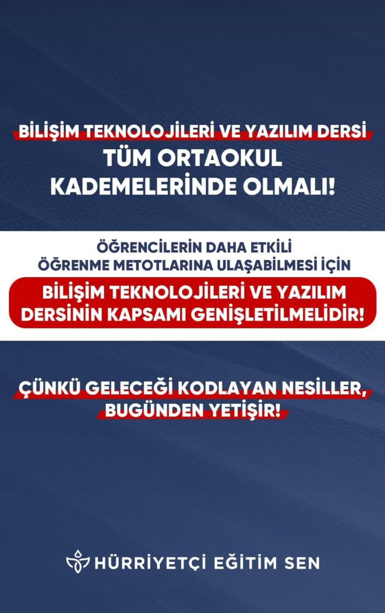 TRogretmen's tweet photo. HÜRRİYETÇİ EĞİTİM SEN:
Bilişim teknolojileri ve yazılım dersi tüm ortaokul kademelerinde olmalı.

@HurEgitimSen @Yusuf__Tekin @tcmeb @leventkuruoglu @btoplatformu https://t.co/zXCyAva4fg