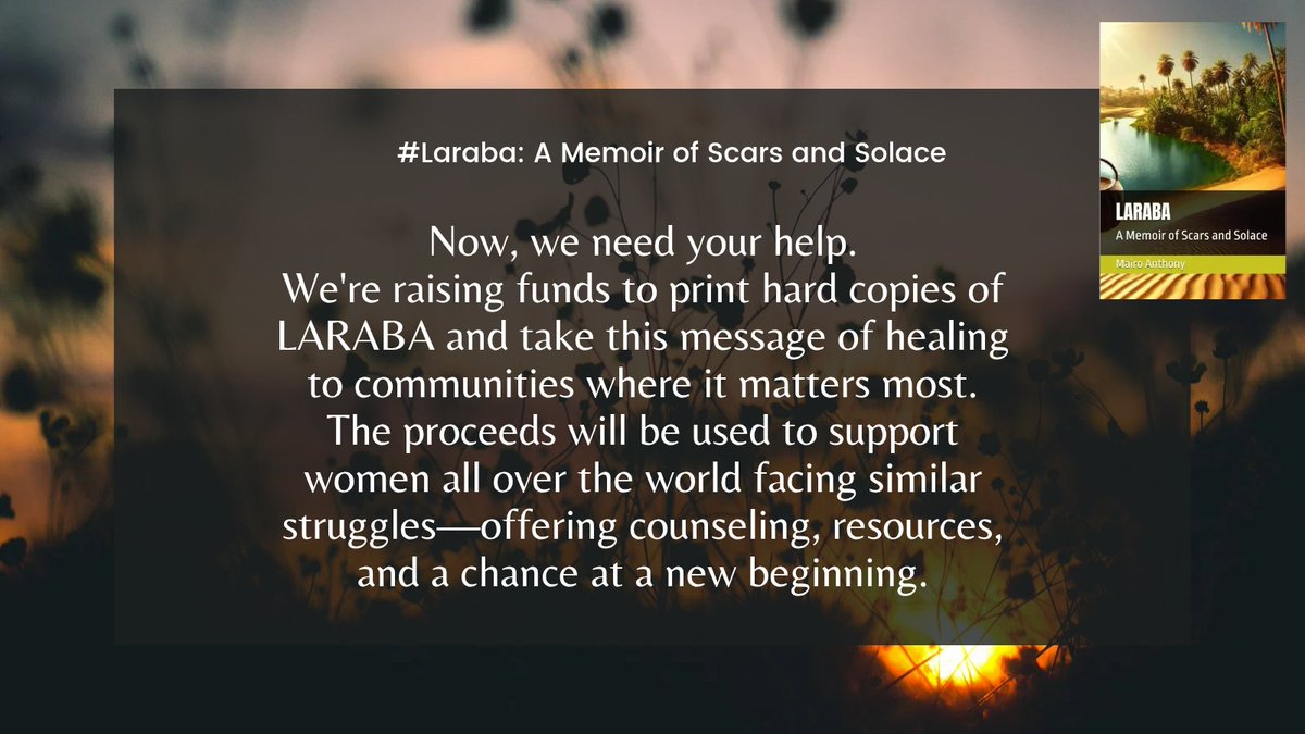 HabuMairo's tweet photo. Help amplify Laraba's story with your donation to raise funds for publishing.
https://t.co/i3hPAUHbrR

#SupportLARABA #EndTheSilence #AfricanWomenVoices #MemoirWithAMission #HealingThroughStories #WomensVoicesMatter #SpeakUpAfrica https://t.co/nDZnNoOBlF