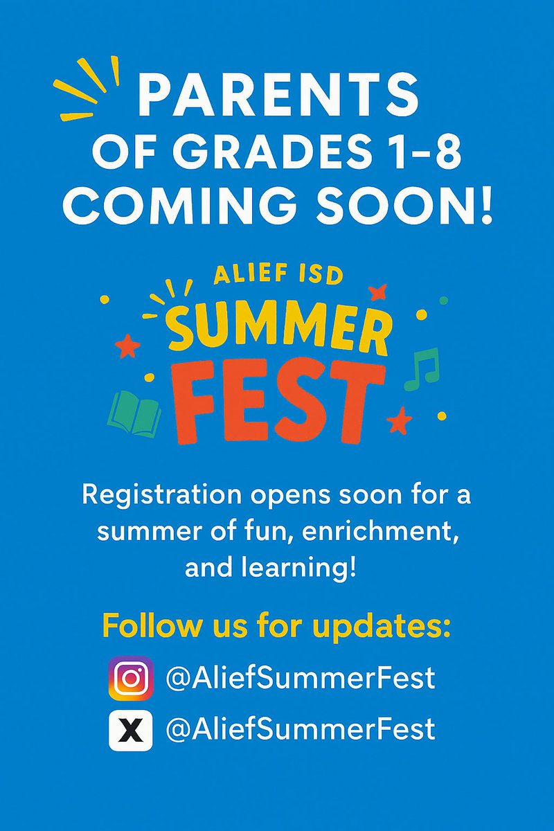GREATboysclub's tweet photo. Parents of Grades 1–8:
Alief Summer Fest is coming soon!
Free enrichment, fun, and learning all summer long.
Follow for updates:
@AliefSummerFest
#AliefSummerFest #JoinTheFest #KTTEEV #AliefPride https://t.co/Ru9lnBZWEN