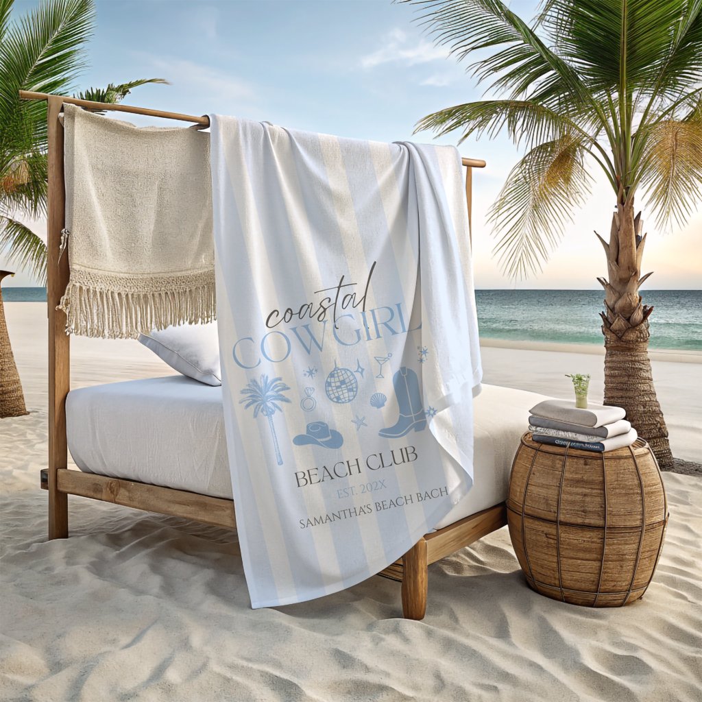 Bring a little country to the coast with custom bachelorette beach towels &amp; more. 🤠+🌊=🩵