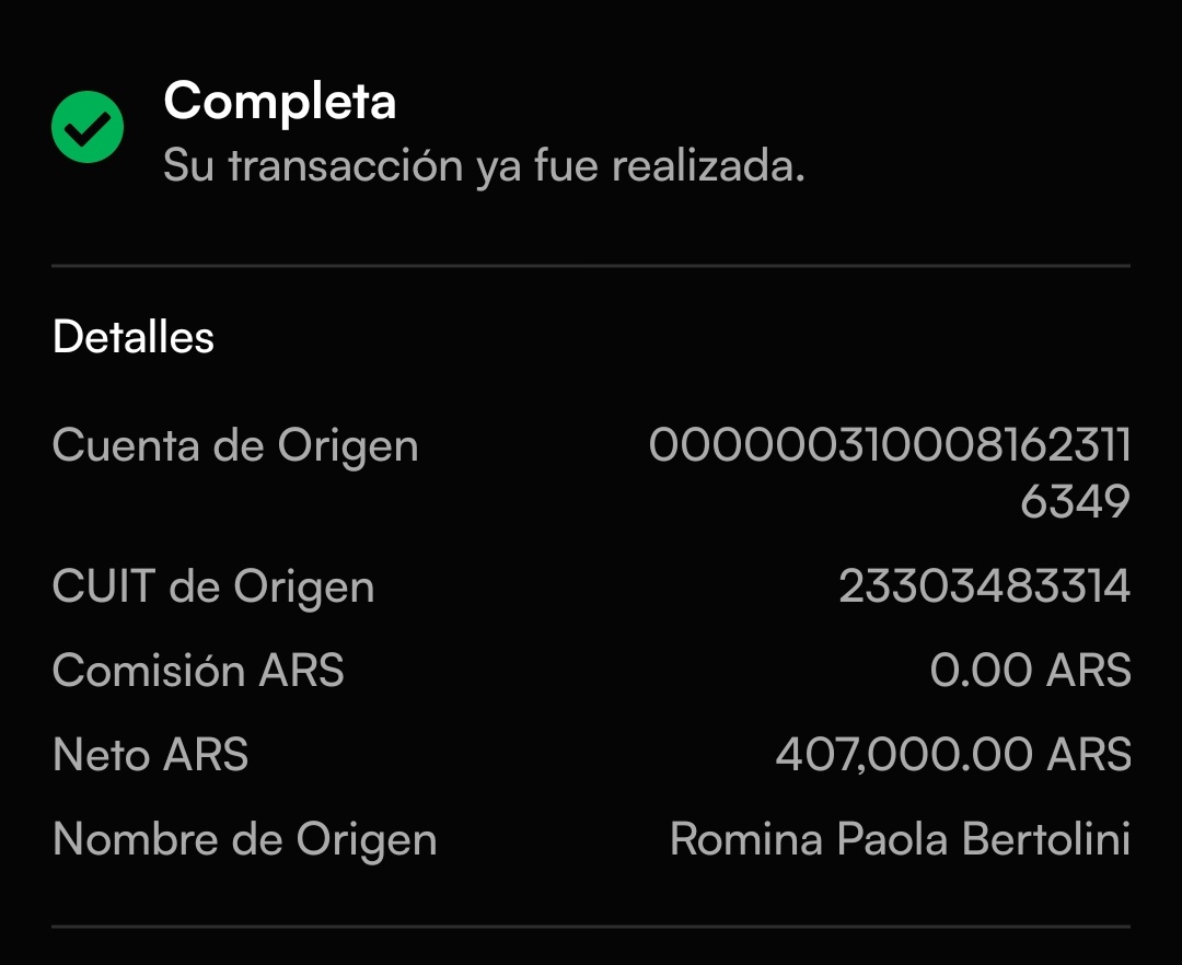 si alguien la conoce ¡Romina Paola Bertolini, muchísimas gracias! Me devolviste la fé en la humanidad. 
Hace unos días transferí 407.000 por error, y cuando ya la daba por perdida, hoy me despierto con la transferencia devuelta. GRACIAS GRACIAS GRACIAS.🫂
