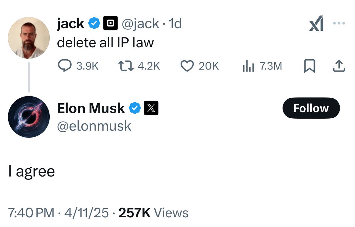 The tech broliarchy wants to end IP laws because they want their AI products to steal, distribute, and profit from other people’s work without having to pay for it.

Ending IP laws legalizes theft.