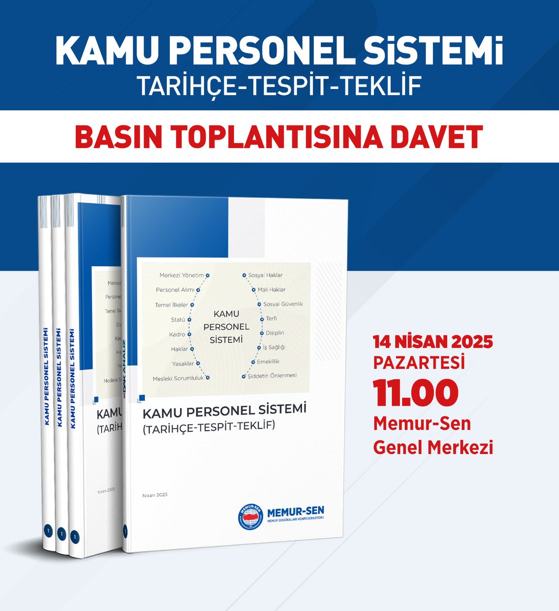 📌*Basın Toplantısına Davet*

Memur-Sen olarak yarım asra yürüyen sendikal mücadelemiz ile birikime dönüşen akademik-sendikal müktesebat ve 4688 sayılı Kanun değişikliği teklifi ile uyumlu olarak hazırlanan *Kamu Personel Sistemi (Tarihçe - Tespit - Teklif)* raporumuzu kamuoyu