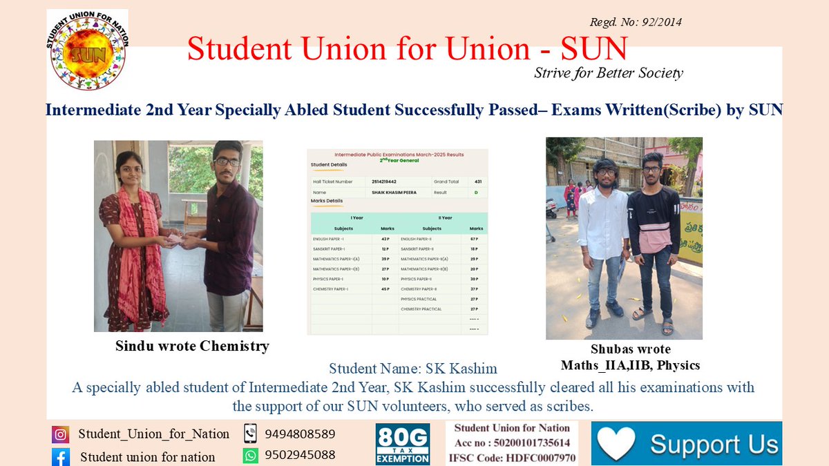 SUN_Student_'s tweet photo. Intermediate 2nd Year Specially Abled Student👨‍🎓  Successfully Passed🎉– Exams Written(Scribe) by SUN 🌞 Volunteers

Student 👨‍🎓Name: SK Kashim
A specially abled student of Intermediate 2nd 📚📖Year, SK Kashim from Guntur successfully 📝 cleared all his examinations 

SUN Team 🌞 https://t.co/jizxi8Yf7d