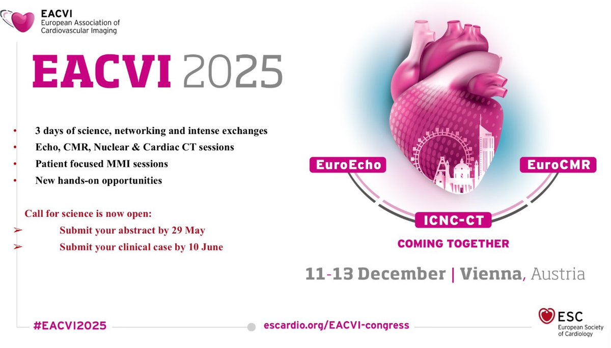 Arda Güler (@ardaguler) on Twitter photo 🎯 #EACVI 2025 is approaching!
🫀 A great opportunity to showcase your work in #EuroEcho #EuroCMR #ICNCCT
📅 Abstract deadline: 29 May
📅 Clinical case deadline: 10 June
⏳ Don’t miss out—submit and be part of the scientific programme! <a href="/gamzebaburguler/">Gamze Babur Güler</a> <a href="/EACVIPresident/">EACVI President</a> <a href="/TKDResmi/">Türk Kardiyoloji Derneği</a> 🎯 #EACVI 2025 is approaching!
🫀 A great opportunity to showcase your work in #EuroEcho #EuroCMR #ICNCCT
📅 Abstract deadline: 29 May
📅 Clinical case deadline: 10 June
⏳ Don’t miss out—submit and be part of the scientific programme! <a href="/gamzebaburguler/">Gamze Babur Güler</a> <a href="/EACVIPresident/">EACVI President</a> <a href="/TKDResmi/">Türk Kardiyoloji Derneği</a>