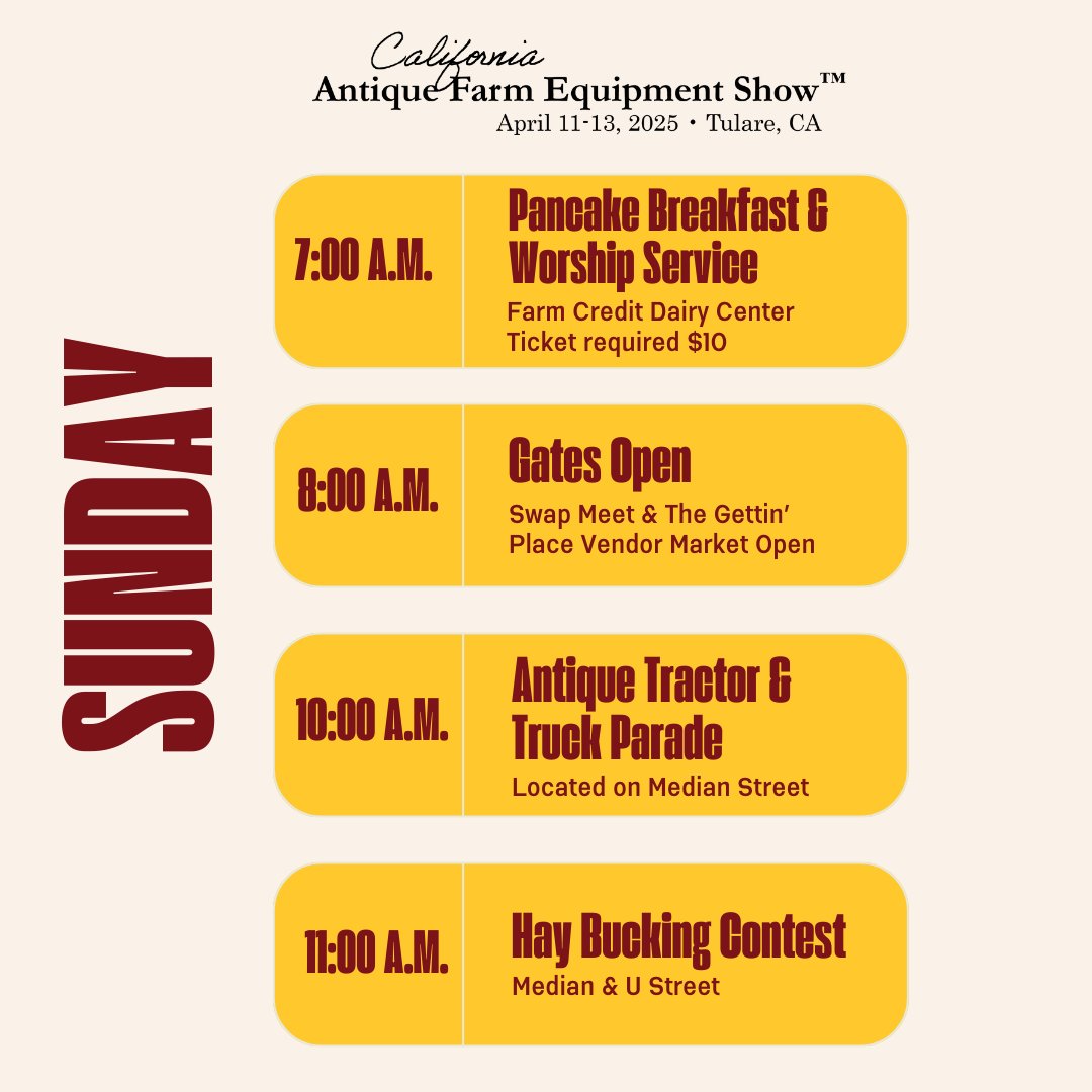 Today is the LAST day to experience all the excitement at the California Antique Farm Equipment Show™! We're open from 8:00 a.m. to Noon, and kids 12 and under get in FREE!

Join us at 4500 S. Laspina St in Tulare.
For more details, visit antiquefarmshow.org.