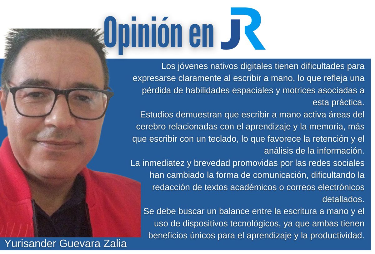 #Cuba🇨🇺 En #OPINIÓN de <a href="/JuventudRebelde/">JuventudRebelde</a>, el periodista <a href="/yurisander/">Yurisander Guevara</a> alerta sobre la escritura a mano, en declive entre la Generación Z; aborda los beneficios cognitivos de la escritura a mano y el impacto de la tecnología y las #RedesSociales 

👇👇
juventudrebelde.cu/opinion/2025-0…