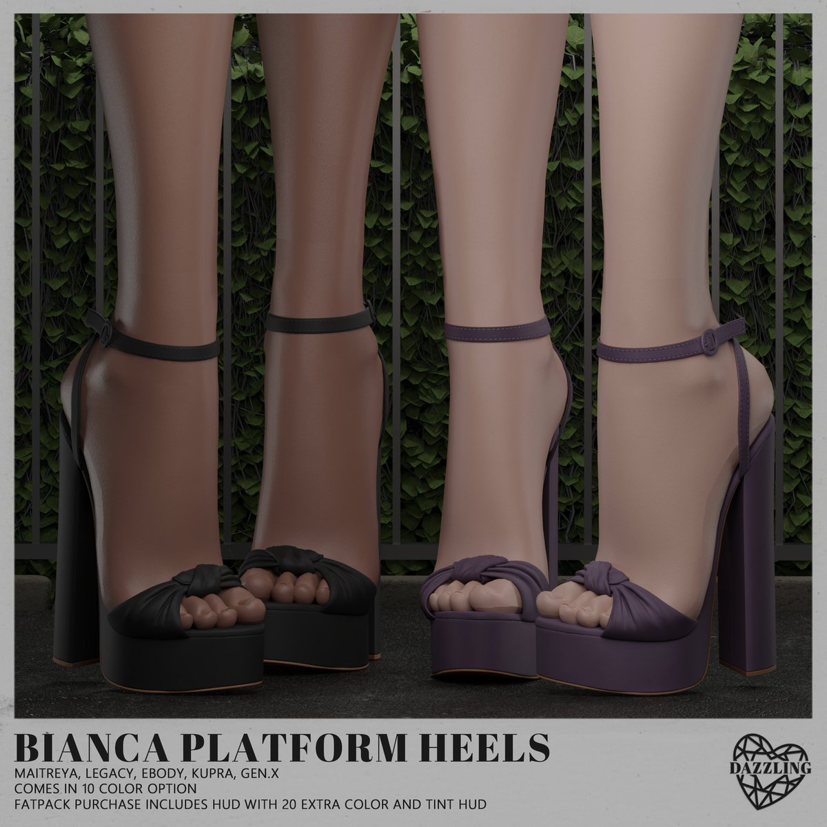 Bianca platform heels available for Kustom9. Bianca platform heels comes in 10 color option also fatpack purchase includes hud with 20 extra color and a tint hud. Rigged for the Lara &amp; x, Legacy, Ebody, Kupra, Gen.x ! try the DEMO before you purchasing !
maps.secondlife.com/secondlife/kus…