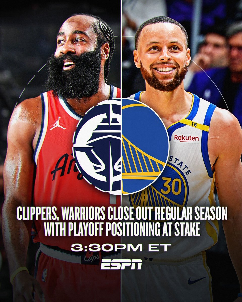Harden. Curry. Kawhi. Jimmy.
No. 5 Clippers. No. 6 Warriors.
Colossal matchup for seeding.

▪️ Winner is guaranteed a top 6 automatic playoff spot
▪️ LAC can finish 4th, 5th or 7th
▪️ GSW can finish 6th or 7th

Don’t miss this one during today’s regular season finale at 3:30pm/et
