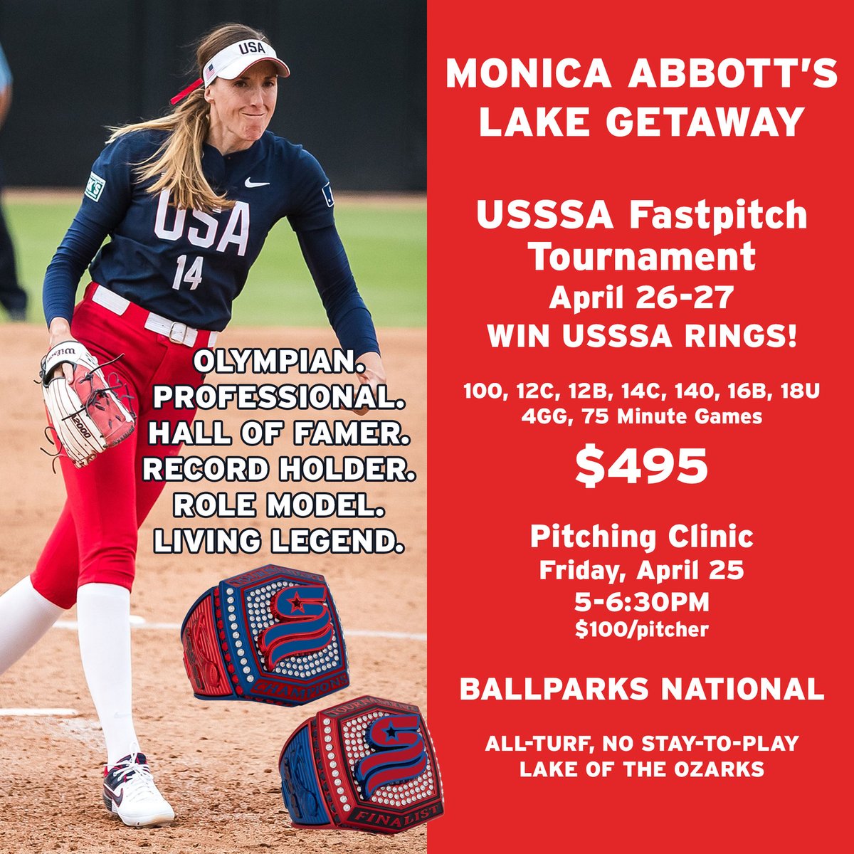 Ballparks National (@bpnational) on Twitter photo UPDATED TOURNAMENT INFO: Now just $495 for 4GG and the opportunity to meet softball legend, <a href="/monicaabbott/">Monica Abbott OLY</a>. We also have eliminated the Friday games, and we will give out SWEET USSSA rings! UPDATED TOURNAMENT INFO: Now just $495 for 4GG and the opportunity to meet softball legend, <a href="/monicaabbott/">Monica Abbott OLY</a>. We also have eliminated the Friday games, and we will give out SWEET USSSA rings!