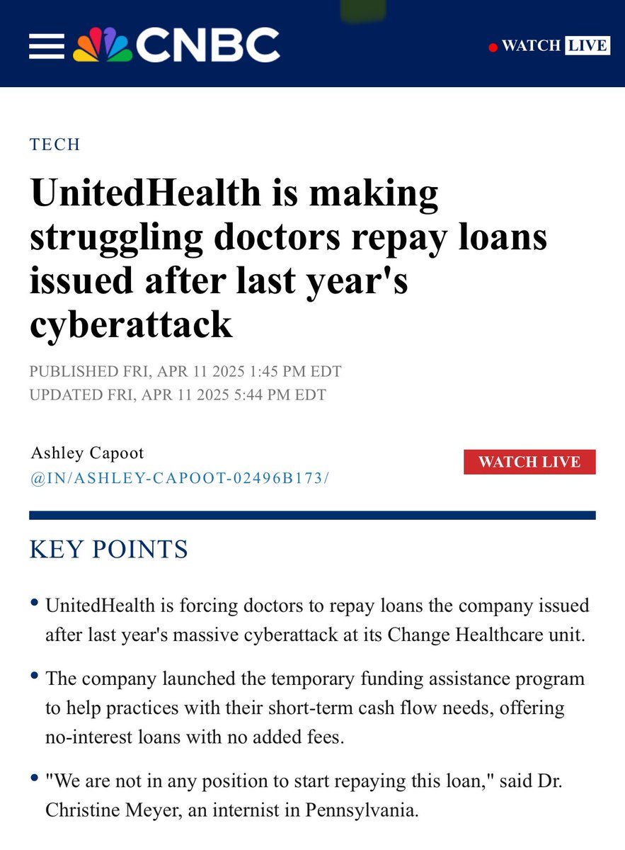 United’s Optum unit employs 10% of 🇺🇸 physicians and owns a bank.
After their Change HC unit got hacked, physicians were not getting paid.
So their bank made loans to physicians and here is the result. 
I wonder if United will now try to acquire more struggling physician
