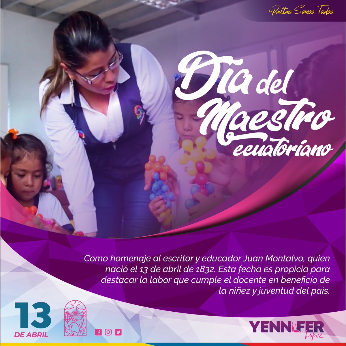 ¡El Día del Maestro es mucho más que una fecha en el calendario; es un día para celebrar la vocación, la entrega y el impacto que tienen los educadores en la vida de sus alumnos! 📚✨

Yennifer López Córdova 🇪🇨💜👠