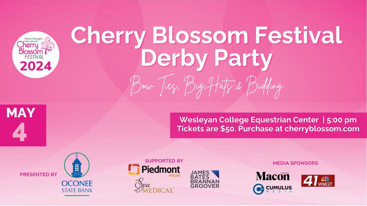 Wesleyan College's 2nd Annual Cherry Blossom Derby Party is coming up on May 4th!🌸 Have you bought your tickets yet?🎟️ Seats are filling up quick so reserve your ticket today at the link on the last slide!💜

#weareWesleyan #maconbibb #howlyeah #leadersofthepack #derby