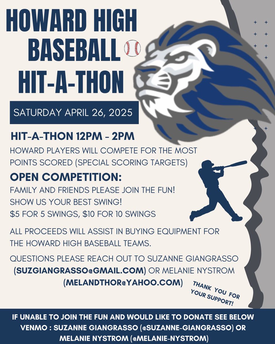 Save the date—Please join us &amp; show off your hitting skills at Howard baseballs first ever Hit-a-Thon to support the Lions baseball team. Hope to see you there!!!🦁⚾️