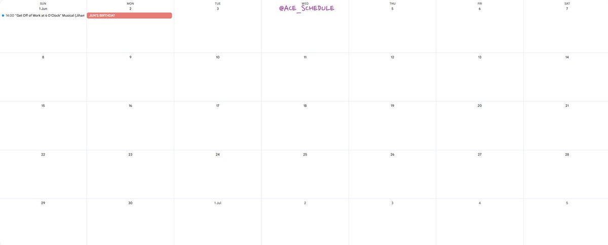 ACE_SCHEDULE's tweet photo. 2025: 06

A.C.E 💖 SUB 💙

+ 06.01 "Get Off of Work at 6 O'Clock" Musical (Jiham) <6시 퇴근> 뮤지컬 (이지함)

[#ACE]
[#에이스] https://t.co/S4m1irJ8NM