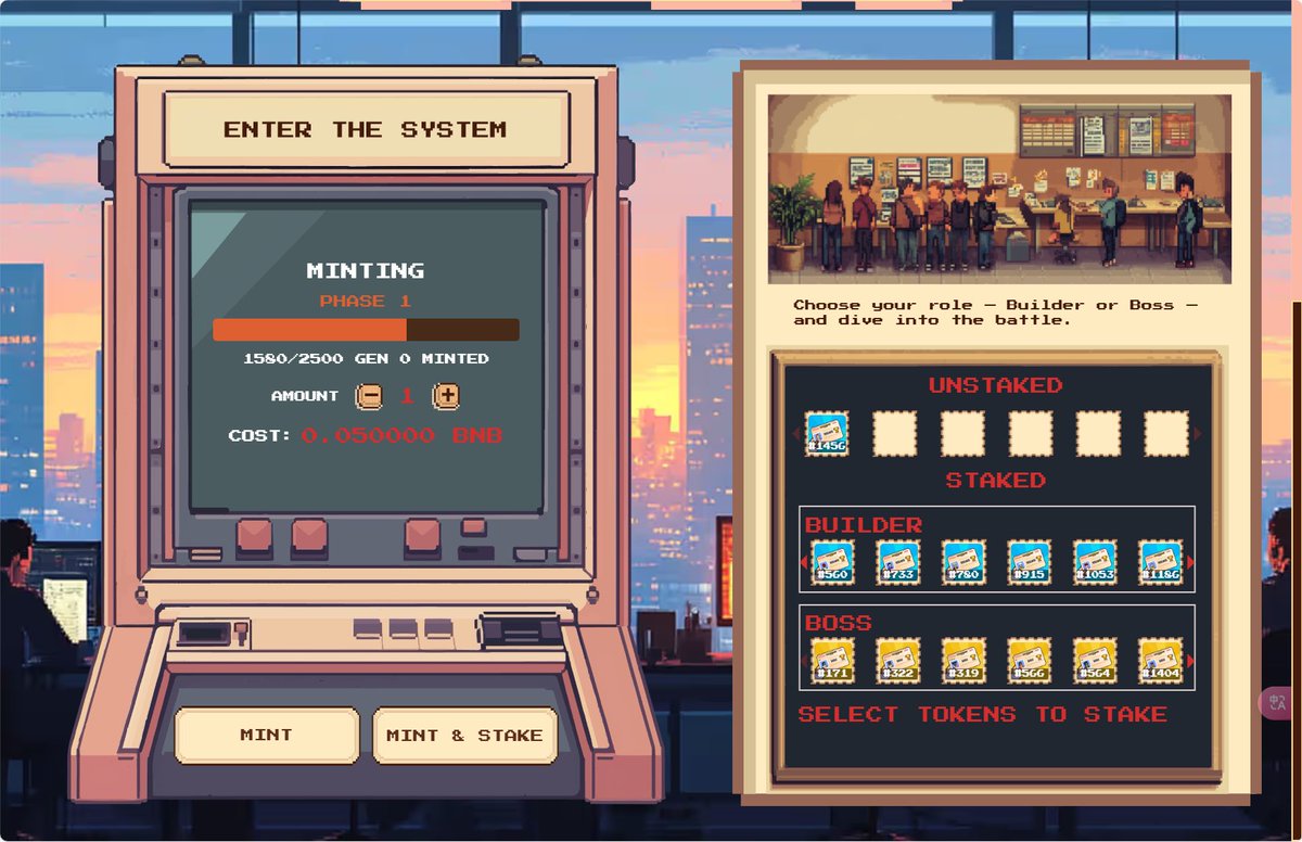 🔸头矿头矿！目前处于第一阶段@TheWorkWars

▪️初期是“狼羊”的玩法博弈，抽卡NFT包括“P小将”和“BOSS”，比例是9:1。

▪️NFT质押都可以获得 $WORKS 代币，代币以后可以接着进行抽卡，也可以出售赚取收益，后期的其他玩法也需要代币，消耗多多。

▪️抽到P小将体现需要缴纳20%的税