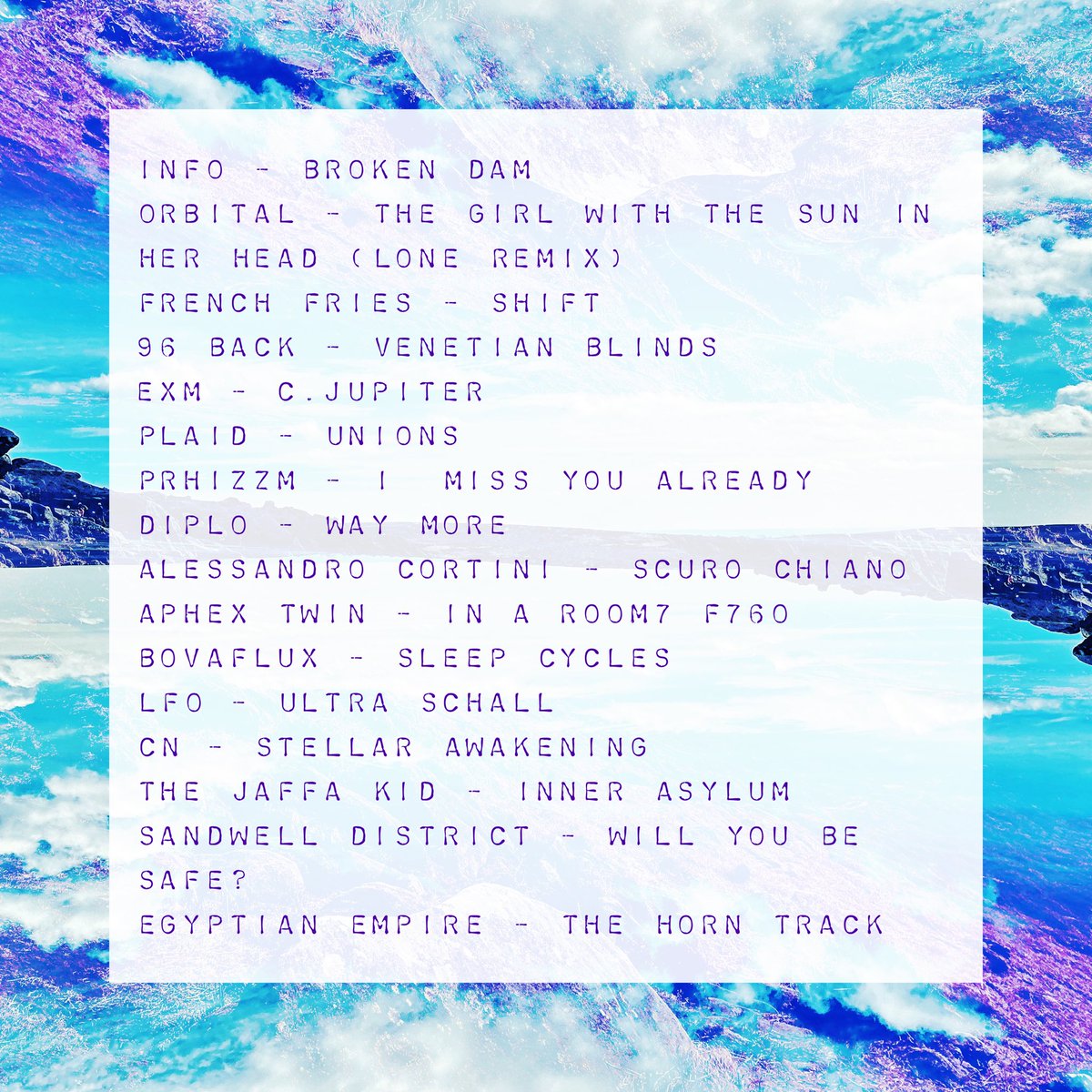 New/newish tracks from #96Back #info #exm, #SandwellDisrict #TheJaffaKid + tracks from #Orbital #FrenchFries #Plaid
#Prhizzm #AlessandroCortini #AphexTwin #Bovaflux, #LFO #CN #EgyptianEmpire
#idm #electronicmusic #electronica #techno #electro
#mixcloud link in bio