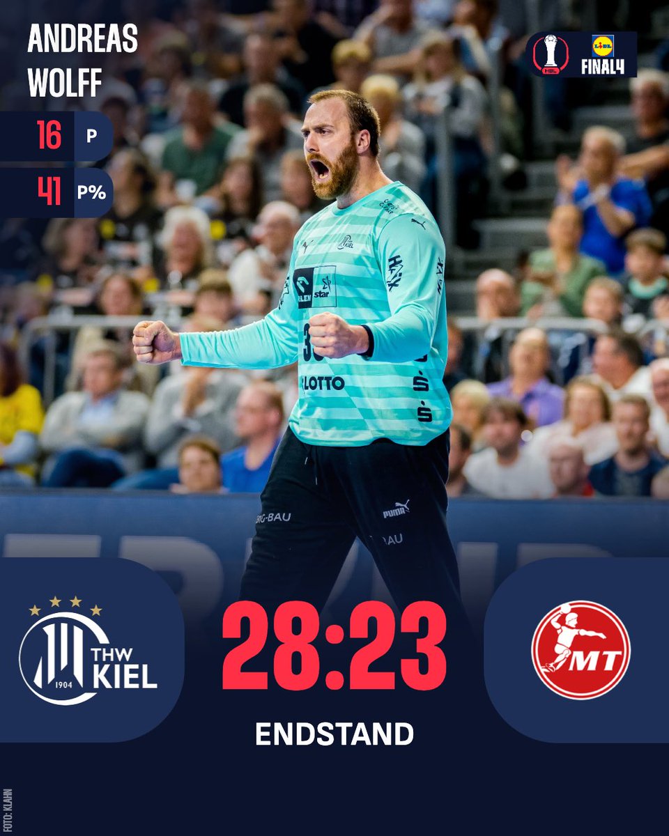 Angeführt vom überragenden Andreas #Wolff drückt der <a href="/thw_handball/">THW Kiel</a> dem Finale von Beginn an seinen Stempel auf und kann zum ersten Mal in der LANXESS arena den 🏆 nach oben stemmen! 👏😮‍💨
_____
#LidlFinal4 #Handball