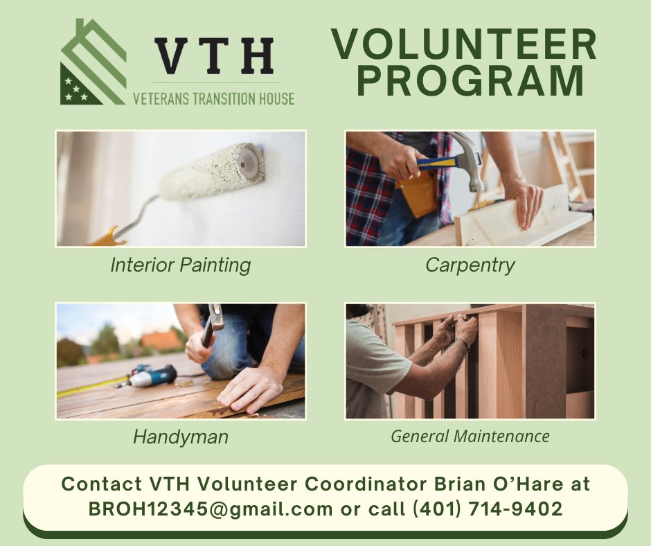 Veterans_House (@veterans_house) on Twitter photo Are you looking for a way to give back? We are looking for volunteers to support our mission of helping homeless and at-risk veterans.
Contact Brian O’Hare, at BROH12345@gmail.com or (401) 714-9402 to learn more!
#Volunteer #SupportVeterans #CommunitySupport #VTH Are you looking for a way to give back? We are looking for volunteers to support our mission of helping homeless and at-risk veterans.
Contact Brian O’Hare, at BROH12345@gmail.com or (401) 714-9402 to learn more!
#Volunteer #SupportVeterans #CommunitySupport #VTH