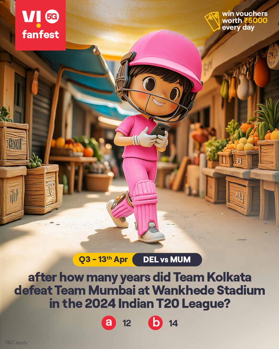 Cricky is testing your cricket IQ 🏏💡
Comment #Vi5Gfanfest with the right answers to all 5 questions today and stand a chance to win vouchers worth ₹5,000 🎟️✨🏆
.
.
#ChallengeAlert #WinPrizes #Quiz #ParticipateAndWin #DELvsMUM #Delhi #Mumbai