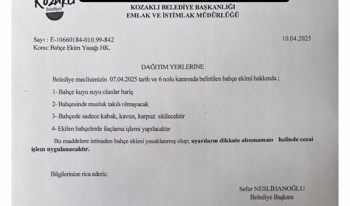 🔴 Üst Üste Yasaklar Geliyor.

Kozaklı belediyesi bahçe ekiminine yasak getirmiş. Yani evimizin bahçesinde kendi ekeceğimize bile karar veriyorlar. KENDİ EVİMİZİN BAHÇESİNE PARASIYLA VERDİĞİMİZ SU BİLE OLSA YASAK.

Alın Size İklim Değişikliği Kanunu