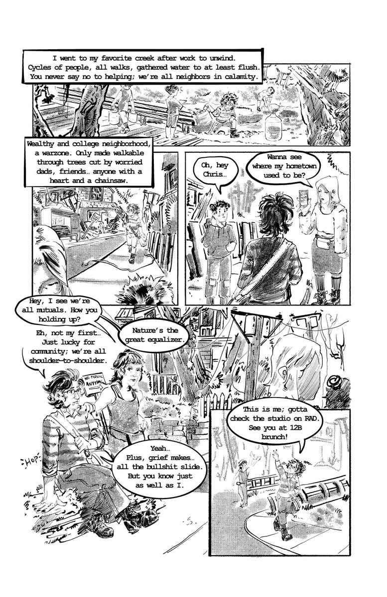pixelateforwork's tweet photo. Pages (4/8) for a post hurricane Helene comic. Got into a relief anthology for all of us in River Arts District affected. Had to shut down my lil Asheville studio, but hey, just sick and tired of losing everything over and over. (1/2) https://t.co/x1gFZnqif1