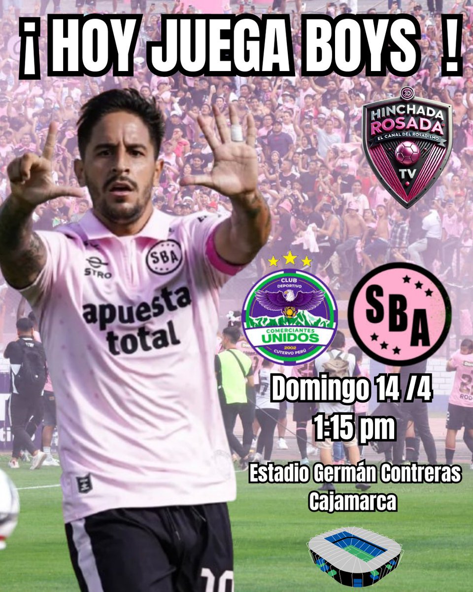 🔥  HOY JUEGA BOYS  🔥

🕐 01:15 p.m.
🏟️ Estadio Germán Contreras Jara
📍 Cajamarca 
🏆  Comerciantes Unidos vs Sport Boys 

VAnos Boys !!
.#hinchadarosadatv