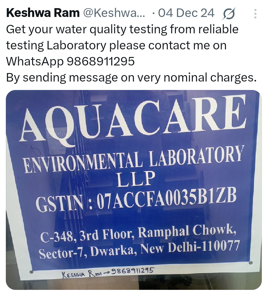 KeshwaRam2's tweet photo. All RWA/ High Rise society builders,
Please get periodic test for your domestic water samples at very nominal cost for essential parameters from NABL accredited laboratory &amp; get away from water borne disease 🪰 please ( 9868911295, Keshwa Ram) https://t.co/VONSKbxpTa