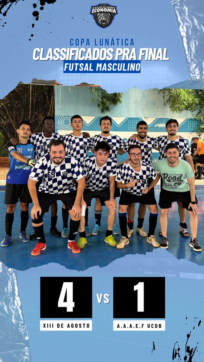 XIIIDEAGOSTO's tweet photo. Universidade
Cheia
De
Bagres

A XIII não toma conhecimento do adversário, goleia a ED FIS UCDB por 4 a 1 e está na final do futsal masculino da Copa Lunática! VAMO URSOOO🐻💙🤍 https://t.co/mRPg2b6E5F