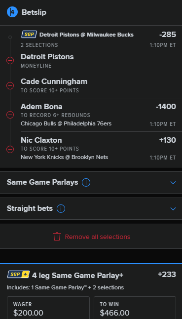 Athleticality's tweet photo. ⚡️ 4-Leg Parlay Alert ⚡️

1️⃣ Detroit Pistons moneyline 🏀
2️⃣ Cade Cunningham to score 10+ points 🔥
3️⃣ Adem Bona to grab 6+ rebounds 💪
4️⃣ Nic Claxton to score 10+ points 🚀
Odds: +233
 Wager: $200
 Potential Payout: $466
Let’s cash this in! 💰 https://t.co/QOQeECtTWE