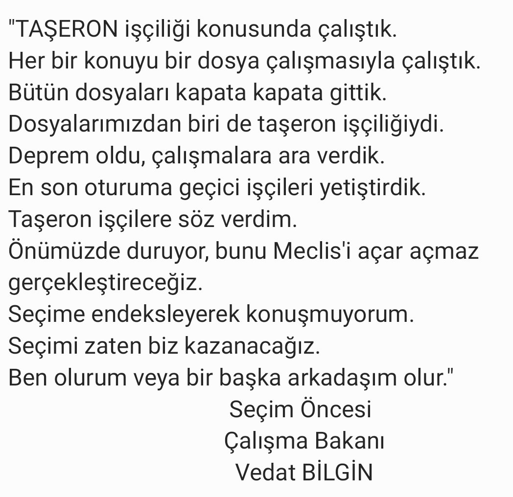 #olurmuböyle bunca yıl Kamu kurumlarımızda taşeron işçi olarak çalışıp defalarca söz verip tutmamak.Oluyormuş bunu gördük yıllarca yaşadık.Eski Çalışma ve Sosyal Güvenlik Bakanımız Sayın Vedat Bilgin'in sözleri halâ kulaklarımızda haksızmıyız bu söze nazaran kadromuzu istemekte..