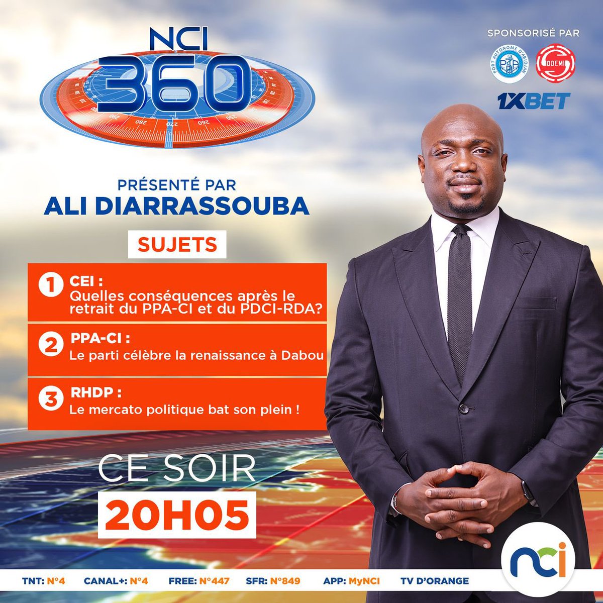 Ce soir, NCI 360 avec :
- Nzi Bernard Kokora, RHDP
- Koua Justin, PPA-CI
- Fanny Karim, Maire RHDP d’Issia  
- Blaise Lasme, PPACI
- Me Ouraga Serges, COJEP
- Prof. Arthur Banga, Historien

Rendez-vous à 20h05 sur NCI !

#NCI360 #DébatPolitique #CôteDIvoire #AliDiarrassouba