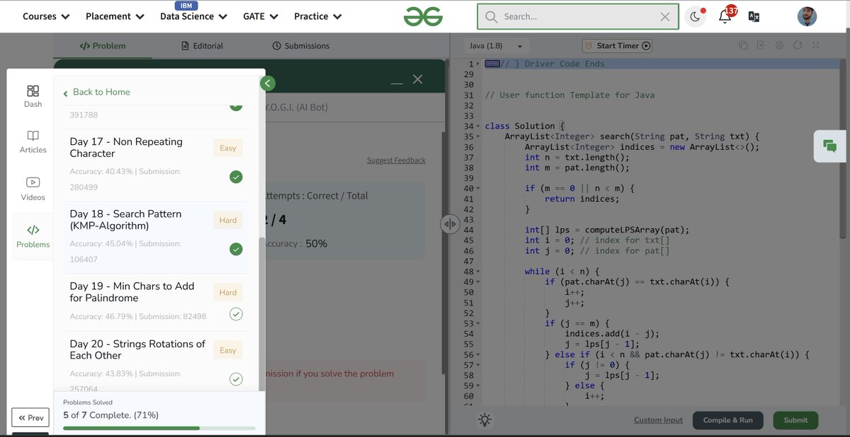 Jeeteshwar07's tweet image. Day 18 of my GFG 160 journey — tackled the KMP Algorithm for pattern searching today! 🔍🧵
Loving the power of efficient string matching. Onward and upward! 🚀
#Day18 #KMPAlgorithm #PatternSearch #StringMastery
#gfg160 #geekstreak2025
@geeksforgeeks