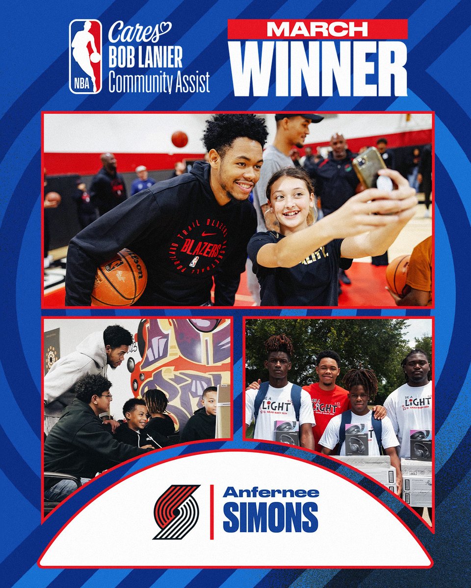 Portland Trail Blazers Anfernee Simons has been named the NBA Cares Bob Lanier Community Assist Award winner for the month of March.  

As part of his efforts, Simons provided scholarships to 24 students, supported mental health wellbeing and hosted holiday events in Portland and