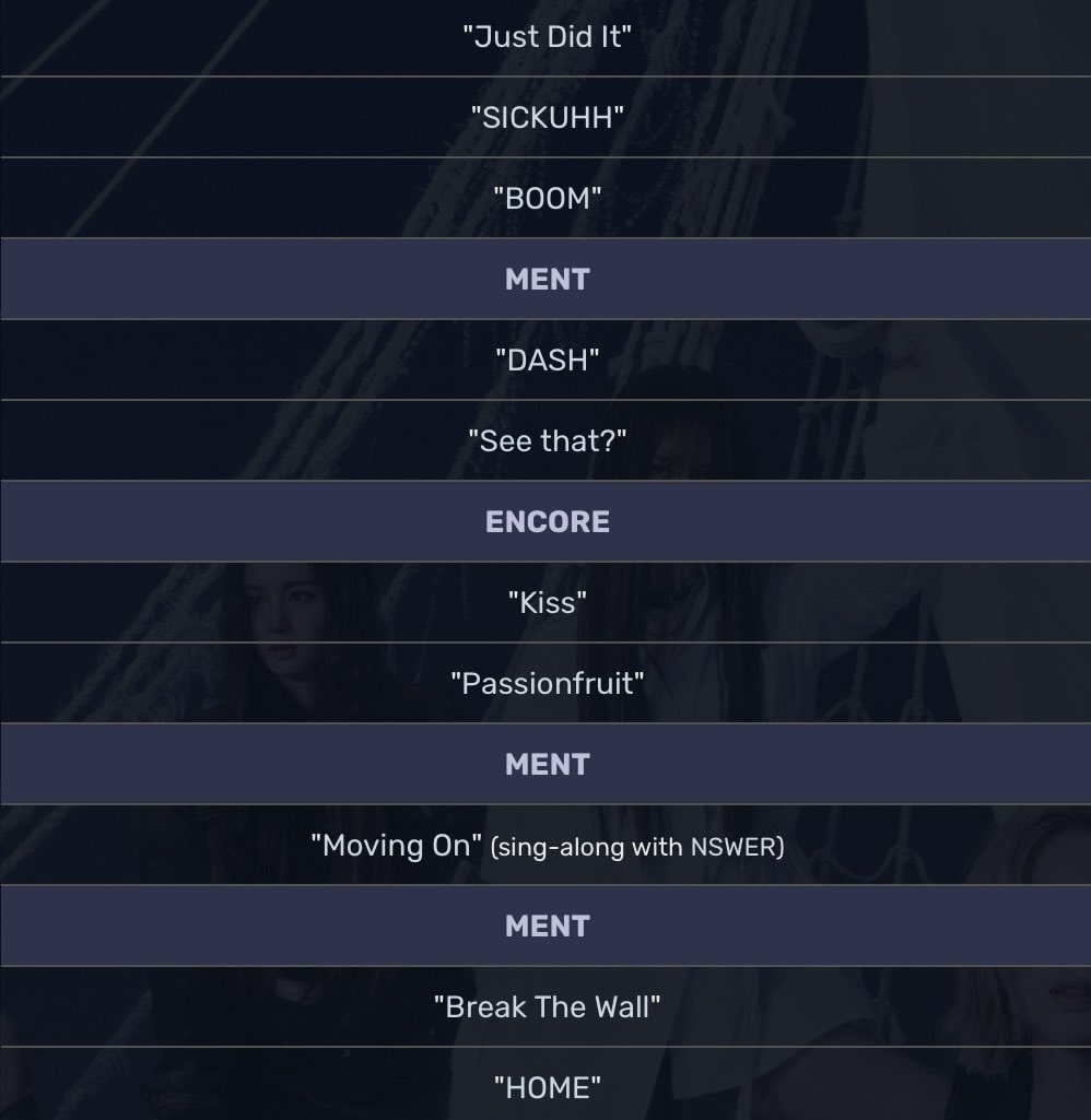 พรุ่งนี้จะกดบัตรคอนเอนมิกแน้ว ขอมาแปะรายละเอียด set list น้องๆต่ะ
- เวลาในแฟนคอนประมาณ 2ชั่วโมงครึ่ง
- แสดงทั้งหมด19เพลง (รวม encore และเพลงพิเศษสำหรับประเทศนั้นๆ) เต้นโคฟอีก2~3เพลง = 21~22 
- Ment (ศลปพูดคุย) 6~8 รอบ
- VCR (ศลปพัก/เปลี่ยนชุด บนสเตจมีคลิปเพลินๆ)
#MIXX_LAB_BANGKOK
