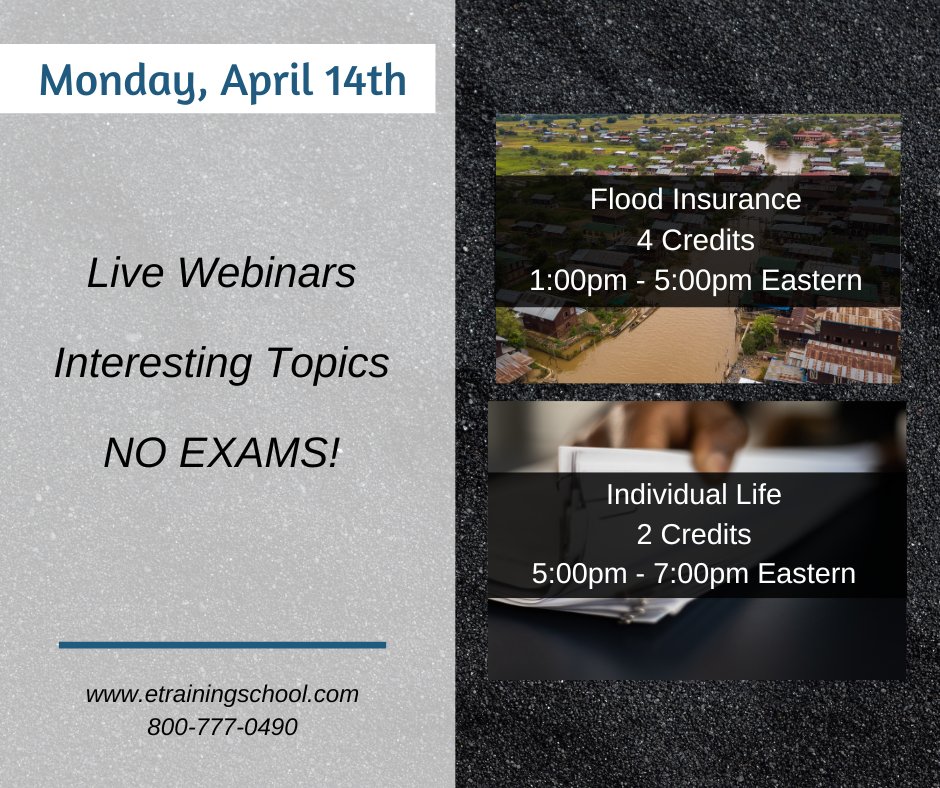 EITINS's tweet image. Register now for tomorow's #FloodInsurance, and #IndividualLife #InsuranceCE webinars! Go to etrainingschool.com now to secure your spot!
#insurance #CE #easyCE