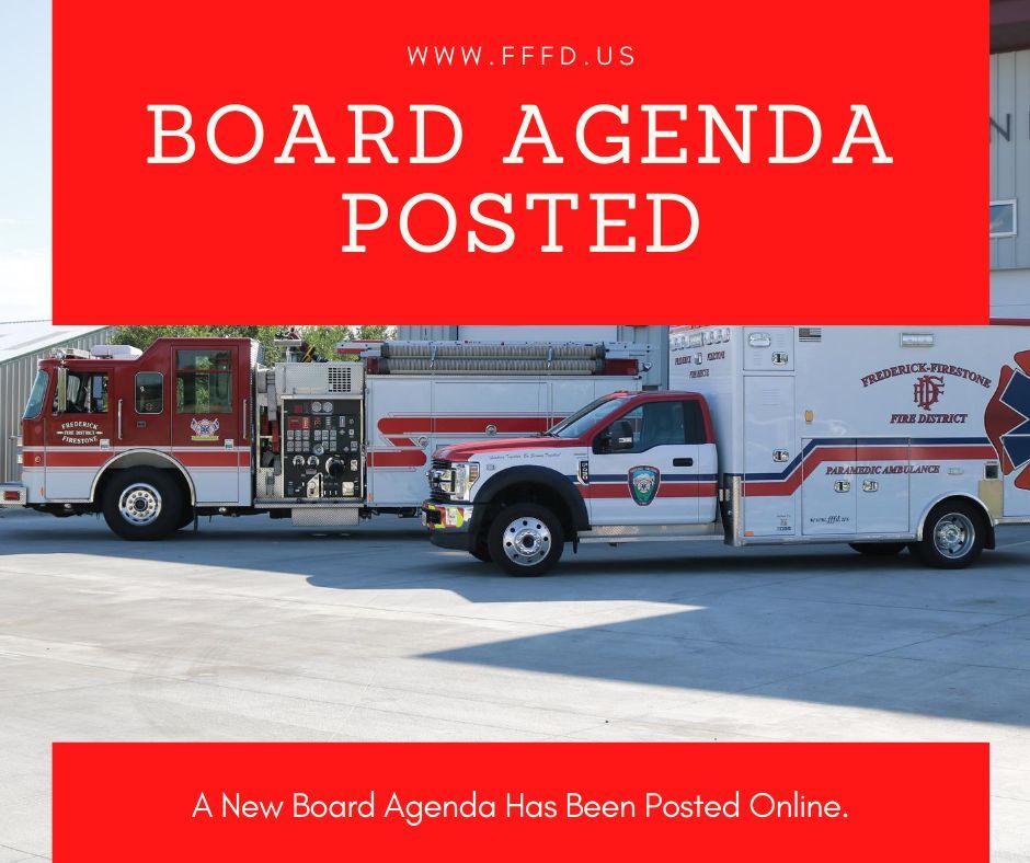 A new board agenda and notice have been posted for FFFD's regularly scheduled Board of Directors' meeting. The meeting is tomorrow, Monday, April 14th, at 7 p.m. All meetings are held at the Administration Building, 8426 Kosmerl Place in Frederick, and are open to the public.