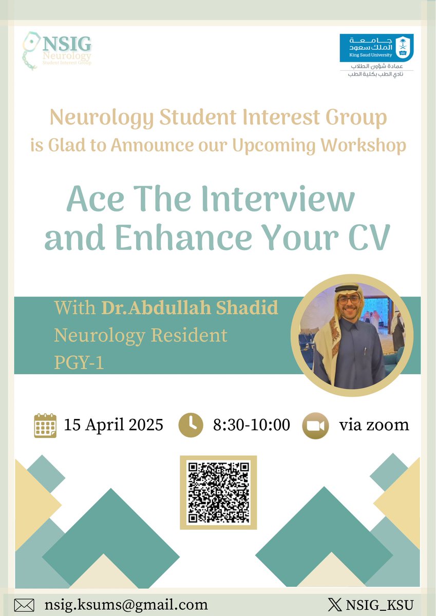 📢 Exciting news! 

Join us for our upcoming workshop, "Ace The Interview and Enhance Your CV," with Dr. Abdullah Shadid, Neurology Resident PGY-1! 

🗓️ 15 April 2025  
🕣  8:30 pm - 10:00 pm
💻 via zoom  

🔗 docs.google.com/forms/d/e/1FAI…

Don't miss this chance to boost your skills!