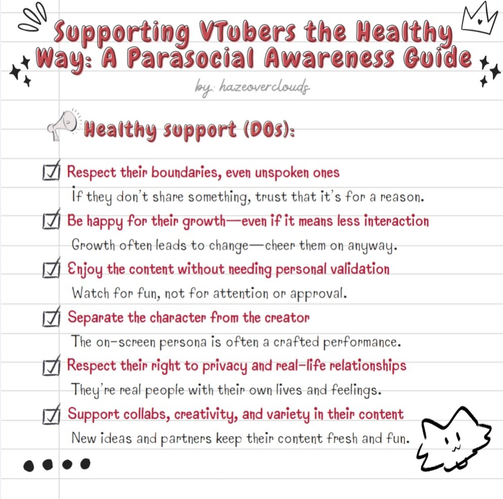 hazeoverclouds's tweet photo. Sometimes it’s easy to blur the line between admiration and emotional attachment, and we forget that our oshis are real people too. If you’ve ever wondered where support turns into overstepping, I made a simple guide to help you avoid parasocial pitfalls :) https://t.co/EnN73IQtZR